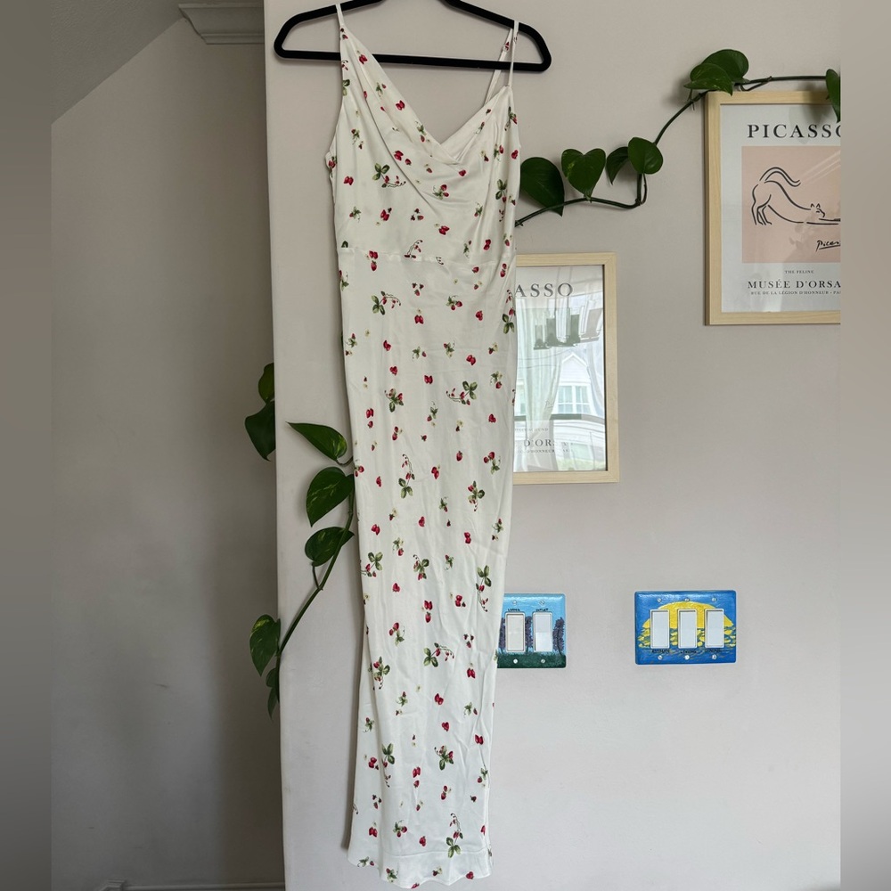 H&M strawberry print white cowl neck dress